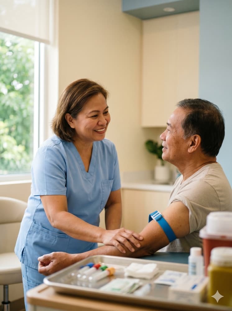 DRMed phlebotomist drawing blood from a seated patient by a window