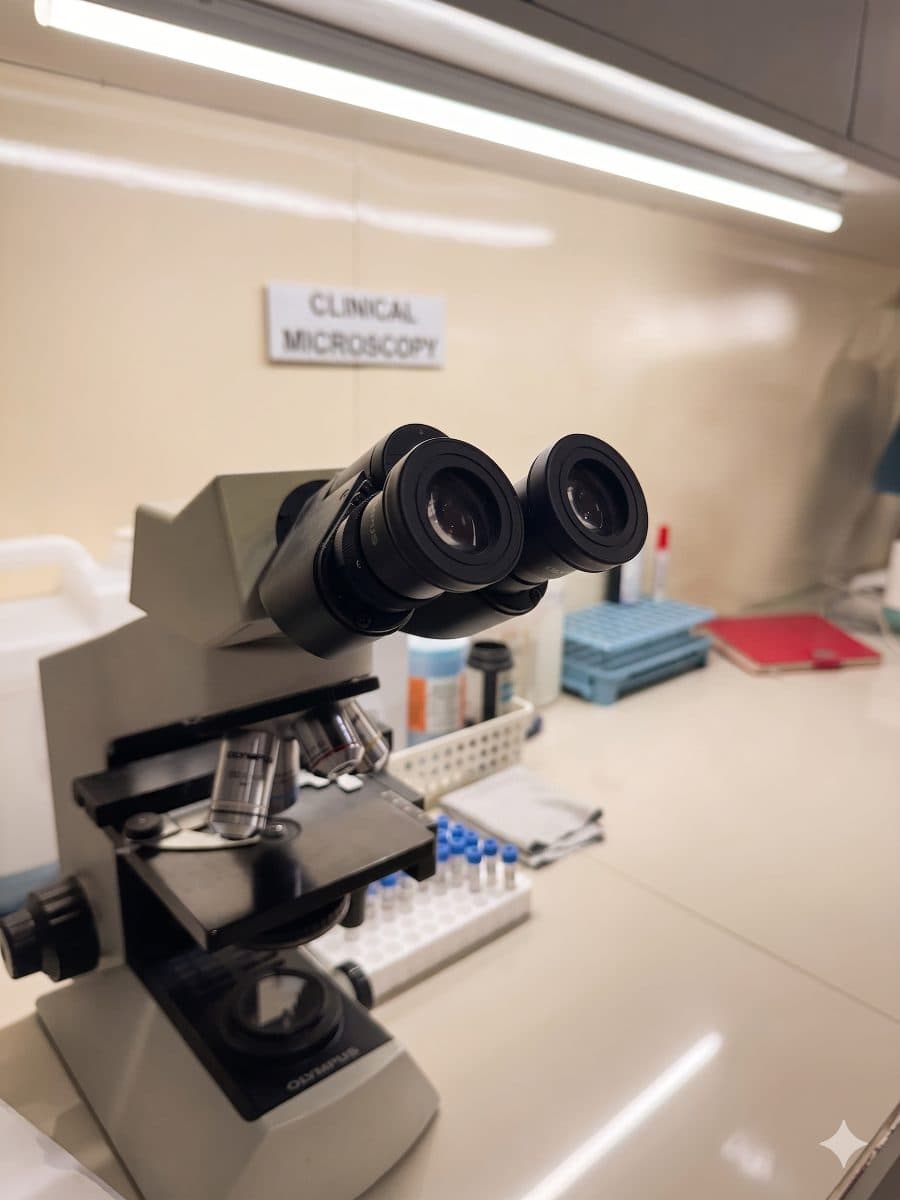 Olympus microscope at the DRMed clinical microscopy bench