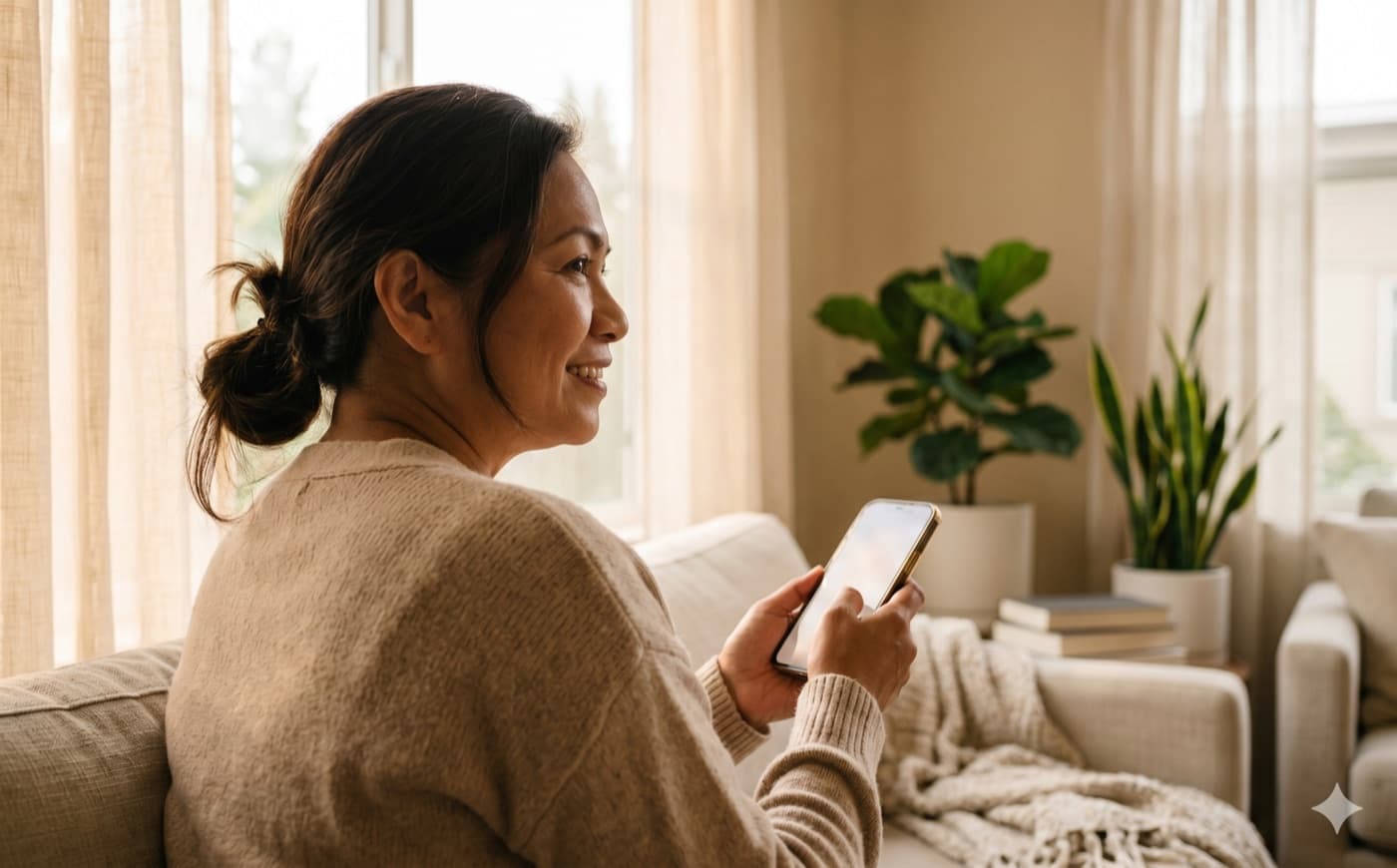 Patient reviewing lab results on a phone at home in soft morning light