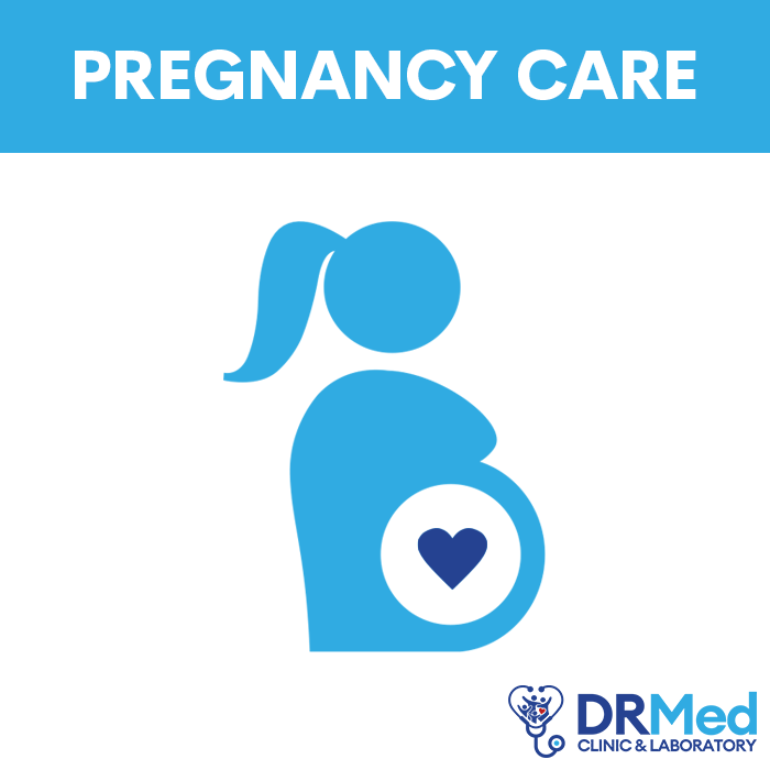 DRMED Pregnancy Care Package logo with a silhouette of a pregnant woman and heart, promoting prenatal screenings for health and safety.