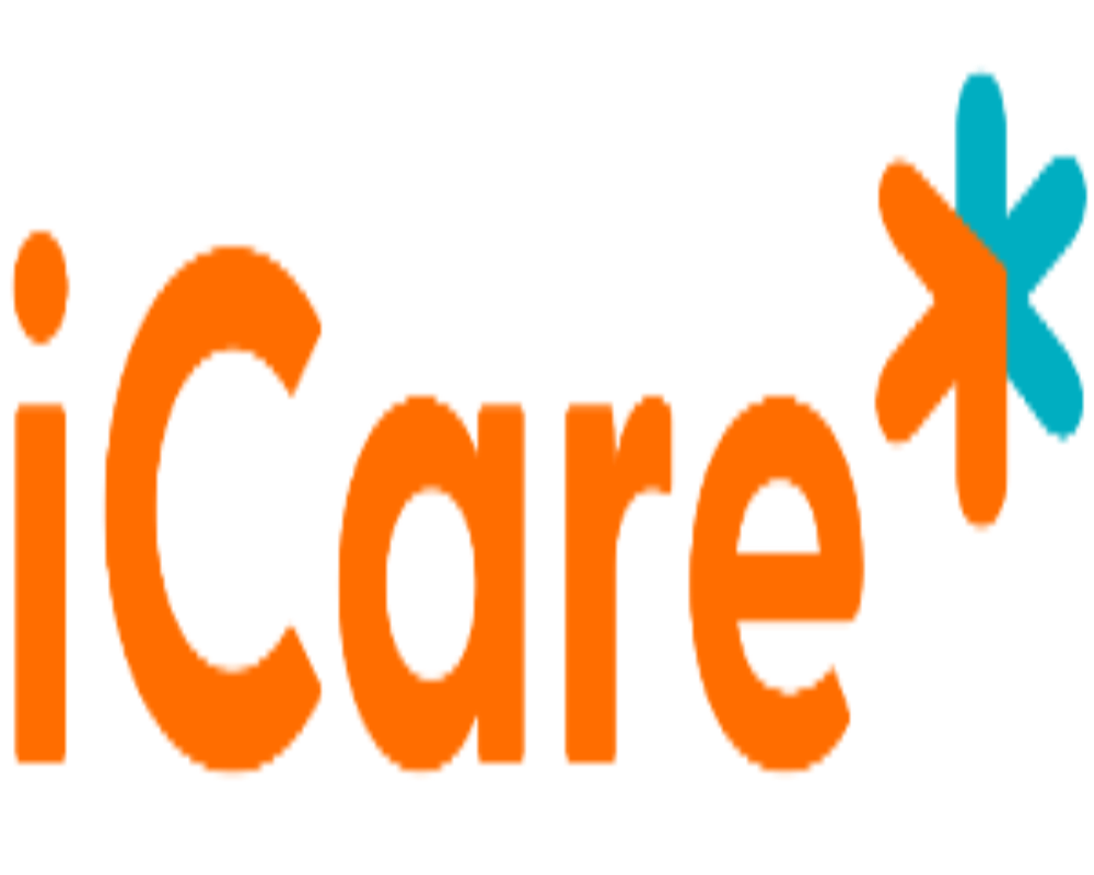 iCare logo with orange text and a blue asterisk on a white background